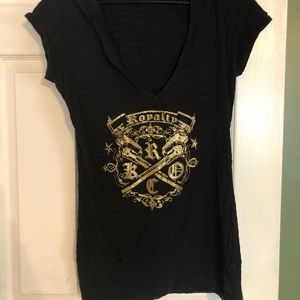 Women’s/junior’s low cut hooded short sleeved tshirt with X graphic